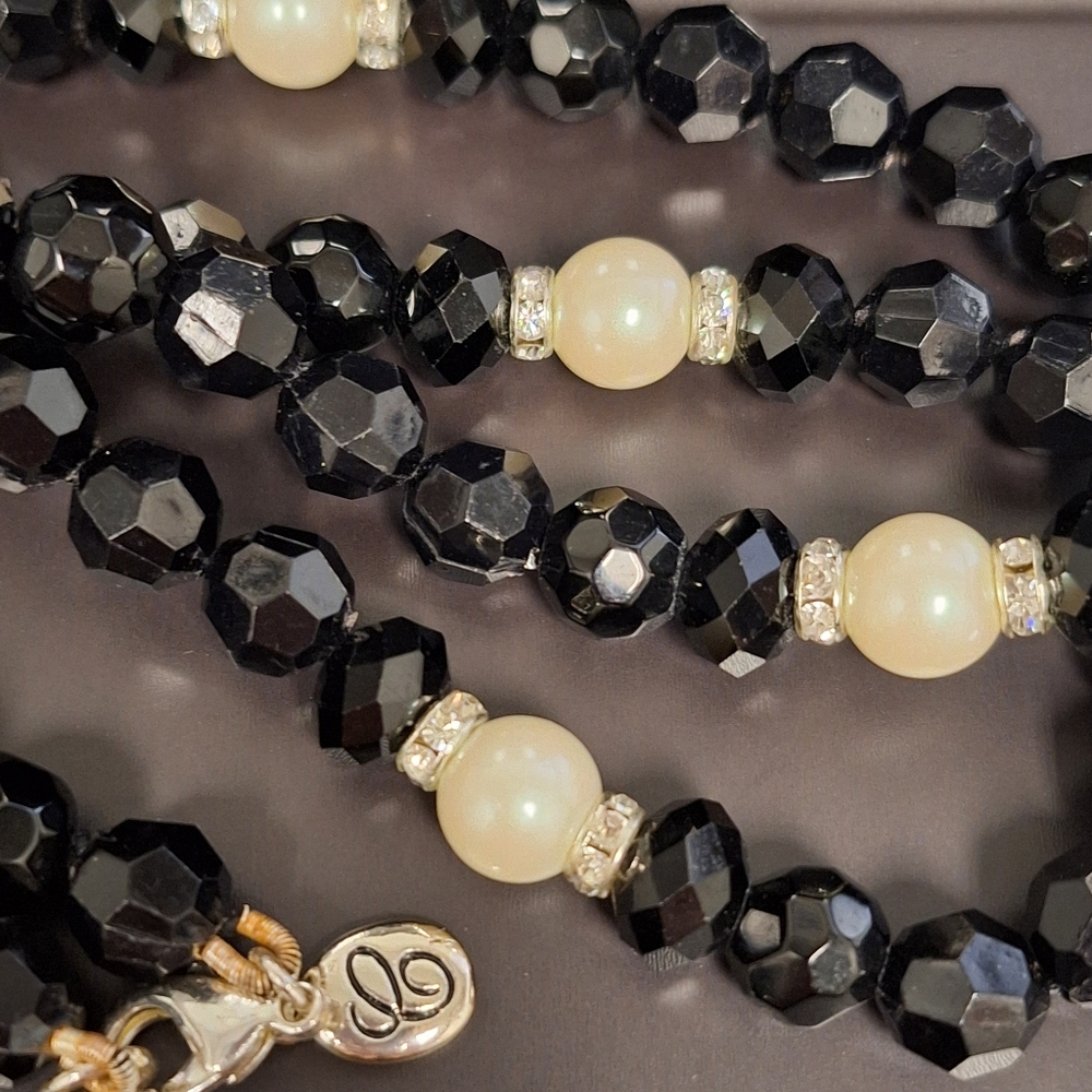 Black Bead, Faux Pearl, and Rhinestone Accent Necklace